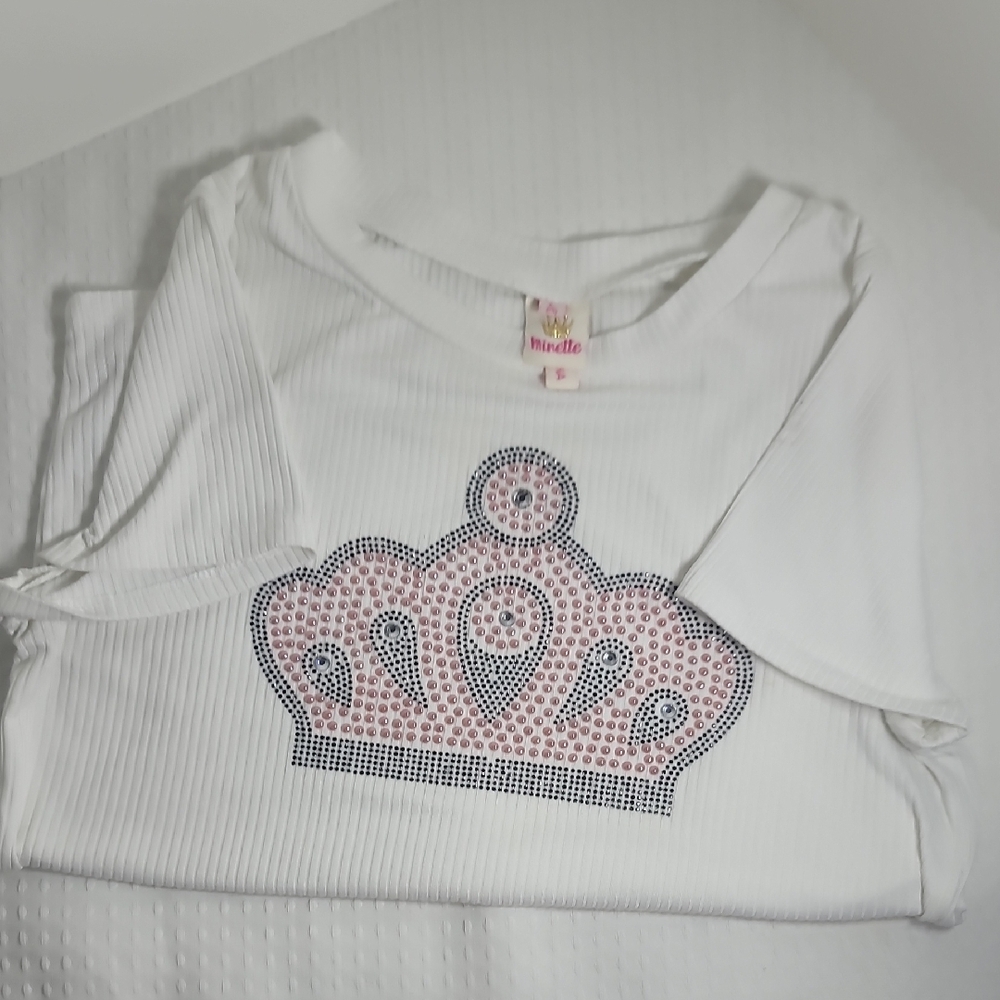 Girls' White Ribbed Tee with Rhinestone Crown - Picture 2 of 3